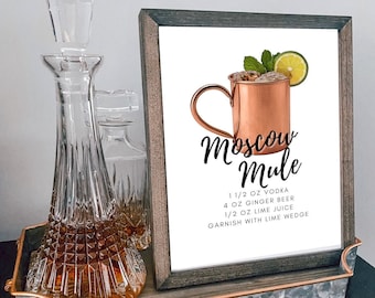 Cóctel Moscow Mule con receta / Descarga instantánea / Letrero de bar / Impresión de cóctel / Cóctel Tiki / Cóctel de autor / Decoración de bar