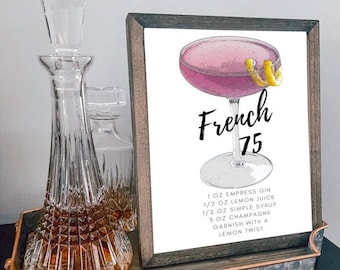 Empress Gin French 75 cocktail | Instant Download | drink recipe | bar sign | Cocktail print | Signature Cocktail | bar decor | Printable