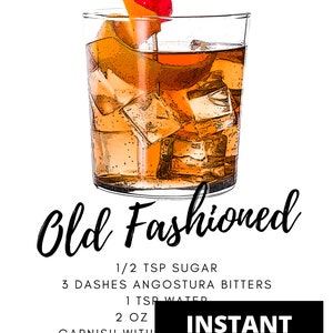 Old Fashioned Cocktail | Instant Download | Drink Recipe | Bar Sign ...