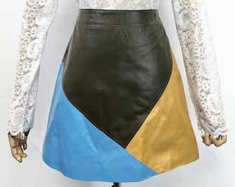 Women’s Real Lambskin Leather Patch-worked Mini A-Line Skirt US S Waist 29.5''