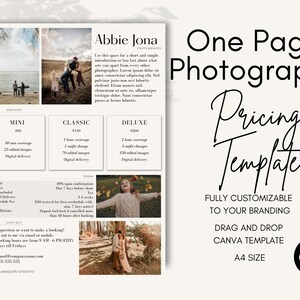 One Page Photography Pricing Template | Price Guide List for Photographers | Clean Pricing Guide | Canva Template | Photo Price List