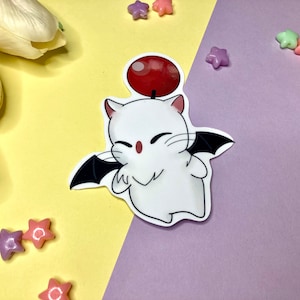 May include: A white and black cartoon character with red eyes and a red ball on its head. The character has wings and is smiling. The character is on a purple and yellow background.