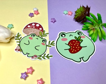 Strawberry or Mushroom Frog Vinyl Sticker| Cottage Core