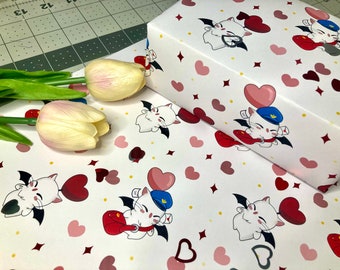 Moogle Final Fantasy Valentine&#39;s day Kraft Paper Gift Wrap SHEETS |Holiday Present Scrapbooking Card Making