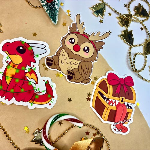 Fantasy DnD Christmas Vinyl Stickers| Dragon Mimic Owlbear for TTRPG Fans