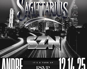 Sagittarius SZN Birthday Flyer: Black & Silver Party Invitation (Digital Download Canva Template)