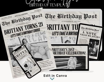 Birthday Newspaper Flyer Template: Black & White Cruise Theme (Digital)