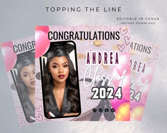 Pink Digital Graduation Template Virtual Invitations Announcement for the Class of 2024 - Celebrate Virtually with Style! Edit in Canva