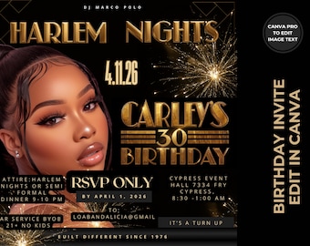 Harlem Nights Birthday Flyer: Black & Gold Party Invitation and Drink Menu (Digital Download Canva Template)