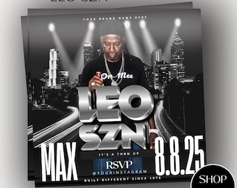 Leo SZN Birthday Flyer: Black & Silver Party Invitation (Digital Download Canva Template)