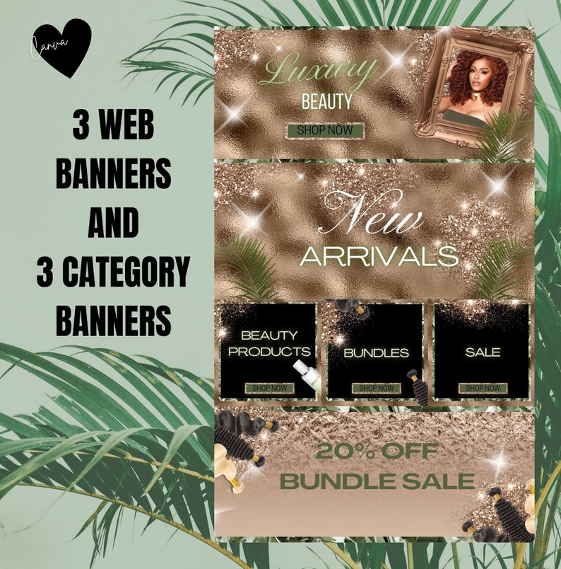 May include: A promotional graphic with the text "3 WEB BANNERS AND 3 CATEGORY BANNERS". The design features banners for "Luxury BEAUTY", "New ARRIVALS", "BEAUTY PRODUCTS", "BUNDLES", and "SALE", with a "20% OFF BUNDLE SALE" banner.