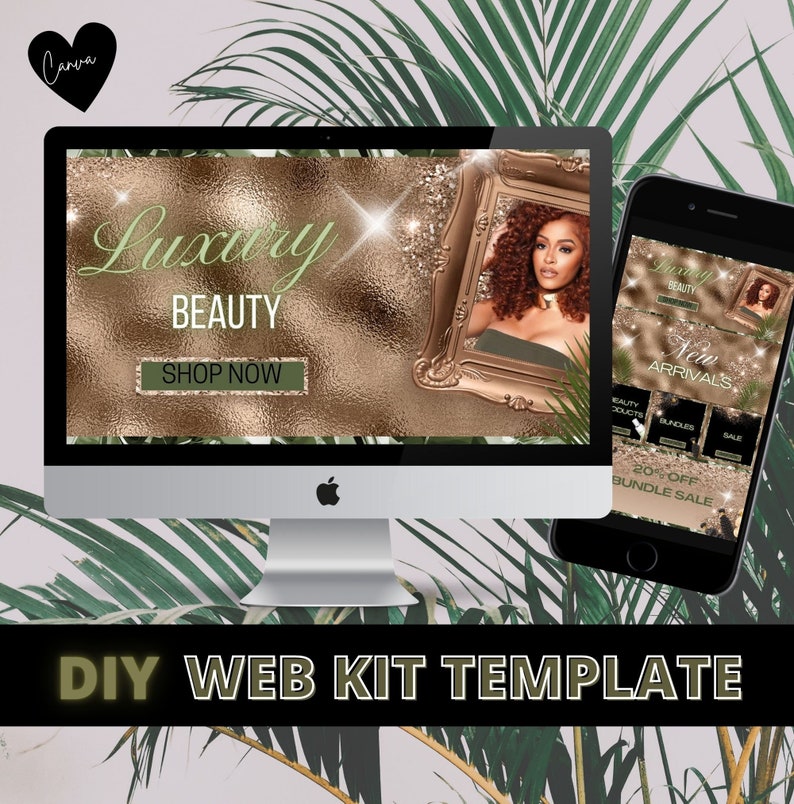 May include: A digital mockup of a website template for beauty products, displayed on a desktop computer and a smartphone. The design features a gold and green color scheme with the words "Luxury Beauty" and "Shop Now". The phone displays "New Arrivals".