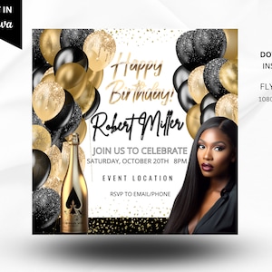 Birthday Flyer, Birthday Glam, Birthday template, Black Gold n White Flyer, Editable Flyer, DIY Flyer, Pro Flyer, Birthday