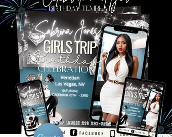 Girls Trip Vegas Birthday Flyer: Teal Cake Design (Editable Canva Template)