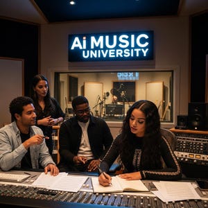 May include: A group of people in a recording studio, working on music production. The sign above reads "Ai MUSIC UNIVERSITY". The scene includes a mixing console, microphones, and musical instruments, suggesting a music education or production environment.