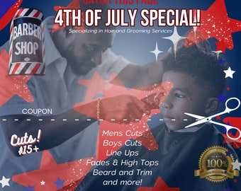 Barber Shop Flyer Canva Template: USA Theme, Holidays (Digital Download 8x8 inch)