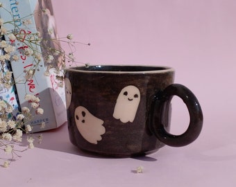 Ghost Patterned Designer Handmade Ceramic Mug with Handle