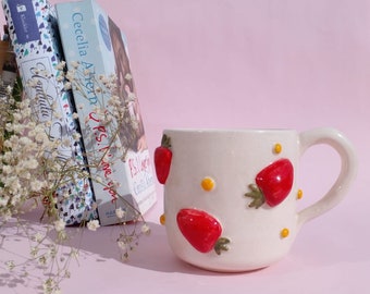 Strawberry Pattern Design Handmade Ceramic Mug with Handle