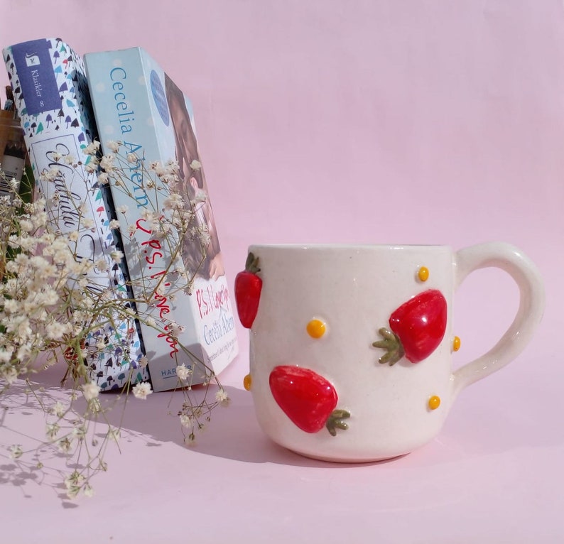 Strawberry Pattern Design Handmade Ceramic Mug with Handle image 1