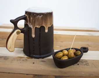 Ceramic Classic Beer Stein with Wooden Handle