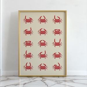 Red Crab Pattern Rolled Poster Beach House Print Ocean Wall Hanging Coastal Artwork for Entryway Shelf Decor Idea for Tropical Seaside Home