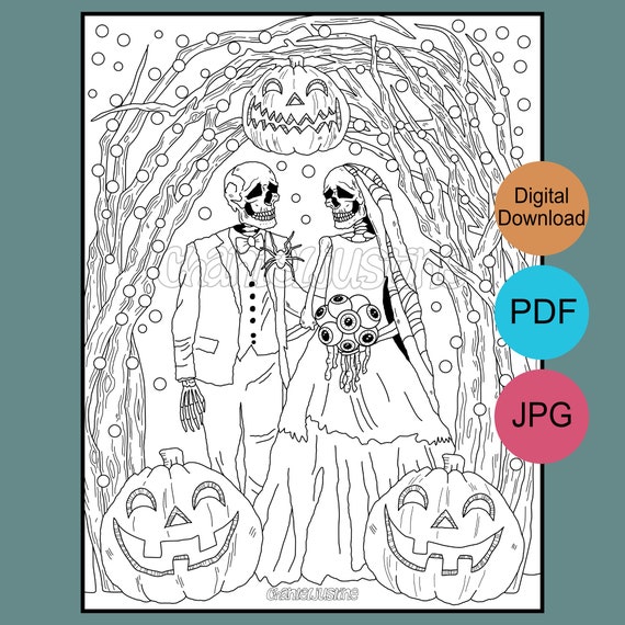 Skeleton Wedding Coloring Page Printable Adult Coloring Page | Etsy