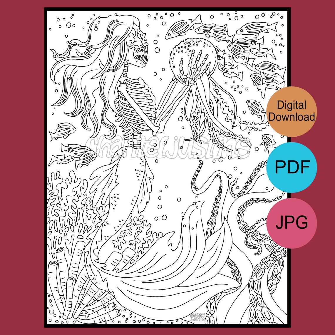 Mermaid Skeleton Coloring Page Printable Adult Coloring Page - Etsy