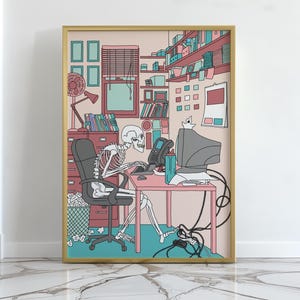 May include: A framed art print featuring a skeleton sitting at a pink desk in an office setting. The skeleton uses a computer and telephone. The room includes shelves, a filing cabinet, a trash bin with paper, and a window with blinds in pastel tones.