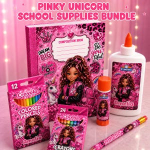 May include: A pink school supplies bundle featuring a composition book, a 12-count box of Crayola coloured pencils, a 24-count box of Crayola crayons, an Elmer's glue bottle, a glue stick, and a pencil, all decorated with unicorn and girl graphics.