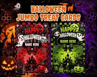 Może przedstawiać: Dwie prostokątne karty na smakołyki na Halloween z napisem HALLOWEEN JUMBO TREAT CARDS u góry. Jedna karta ma czerwono-czarny motyw z duchem, czaszką i nawiedzonym domem. Druga jest zielono-czarna ze szkieletem i kotem.