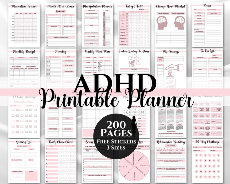 ADHD Planner, Printable Adult ADHD Journal, Adult ADHD Planner and organizer, adhd Planner Sheets with stickers, All In One 