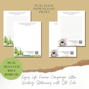 May include: Stationery set with lined and unlined pages, featuring watercolor illustrations of trees and birdhouses. Includes the text "The righteous will possess the earth, and they will live forever on it" and a QR code. Size: 21.6 x 27.9 cm.