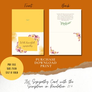 May include: A sympathy card with a yellow and cream color scheme. The front features the text "With heartfelt sympathy" surrounded by floral accents. The back includes a Bible verse from Revelation 21:4.