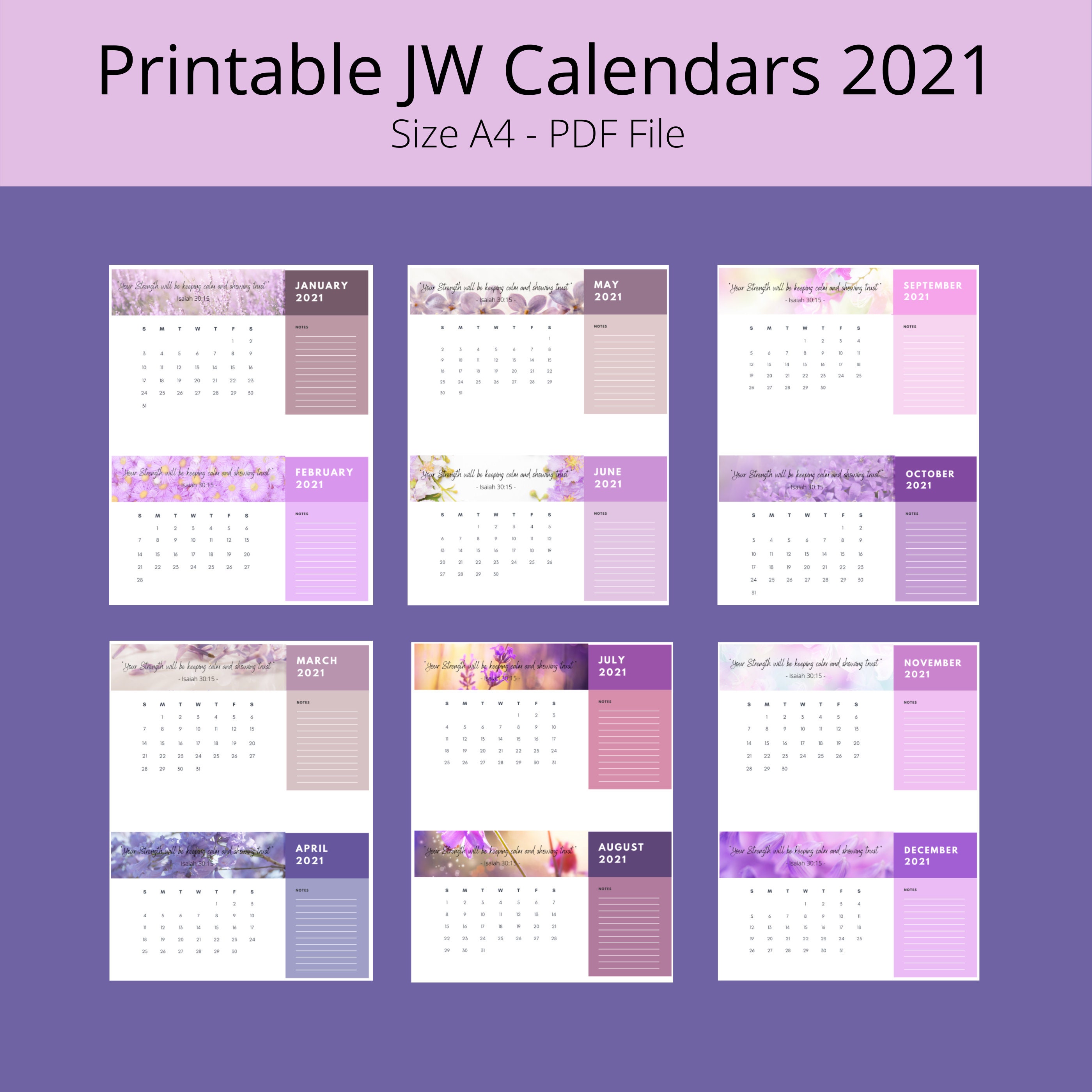 JW Printable Calendar with the 2021 Year Text Size A4 PDF Etsy