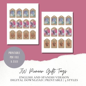 Pioneer Gift Tag Ideas | JW Pioneer Gift Ideas | JW Printable | Digital Download | Spanish and English Gift Tag for JW Pioneers