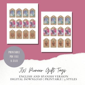 Pioneer Tags, JW Gift Tags, Precursor, Pioneer Gift, JW Party Tag, Tag Set,  English Jw Tag, Spanish JW, Regalo De Precursor 