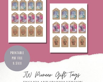 Pioneer Gift Tag Ideas | JW Pioneer Gift Ideas | JW Printable | Digital Download | Spanish and English Gift Tag for JW Pioneers
