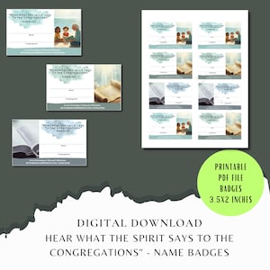May include: Digital download of name badges with the text "Hear what the spirit says to the Congregations." The badges are 3.5 x 2 inches and feature illustrations of people, a book, and a scroll. The badges are in shades of blue and white.