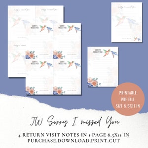 Peut inclure: Fichier PDF imprimable de notes de visite de retour "Sorry I Missed You". Le design présente des colibris à l'aquarelle et des accents floraux dans des tons de rose, de bleu et de vert. Les notes mesurent 21,59 x 27,94 cm.