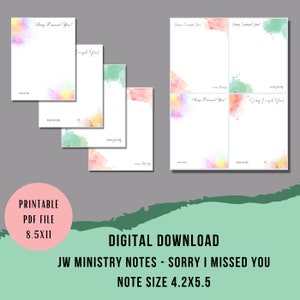 Pode incluir: Download digital de notas imprimíveis do Ministério JW. As notas apresentam salpicos de aquarela em cores pastel. O texto "Sorry I missed You!" é exibido nas notas. Tamanho da nota: 10,6 x 14 cm.