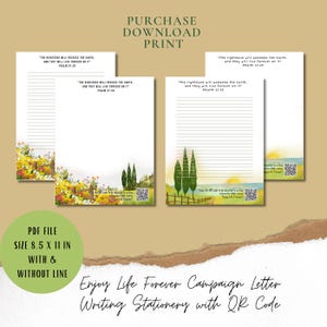 Puede incluir: Cuatro hojas de papelería imprimibles de 21,59 x 27,94 cm, con el texto The righteous will possess the earth, and they will live forever on it Psalm 37:29, ilustraciones florales o de paisajes, opciones rayadas o en blanco y un código QR.