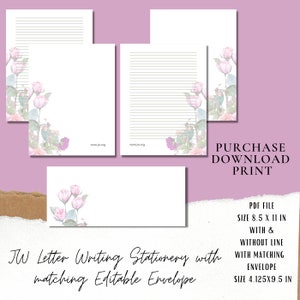 Papelería para escribir cartas JW: diseño de rosa rosa con sobre a juego con y sin líneas