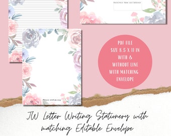 JW Letter Writing Stationery with a matching Editable envelope in watercolor roses design - Letter Writing Ideas for the Ministry