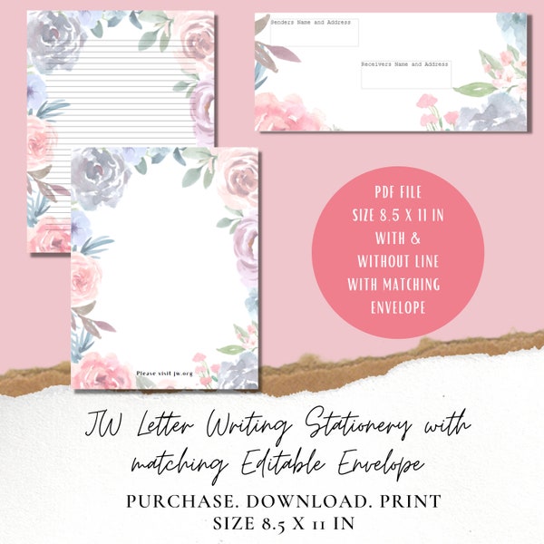 JW Letter Writing Stationery with a matching Editable envelope in watercolor roses design - Letter Writing Ideas for the Ministry