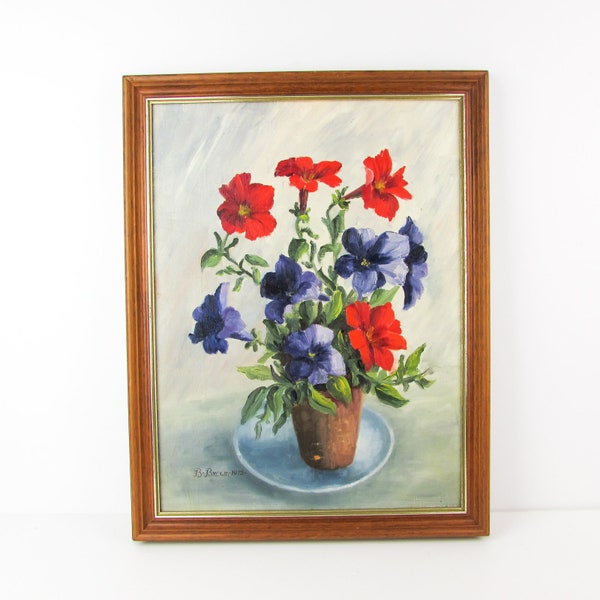 Vintage Oil Painting Flowers Signed B.Brown Naive Still-Life Impressionism Wall Art Framed 1970's Retro