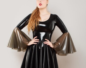 latex flare dress Latex Fit-and-Flare Dress with Long Sleeves Bright&Shiny