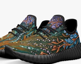 Impressionist Garten Sneakers, Künstlerische Unisex Schuhe, Turnschuhe mit schwarzer oder weißer Sohle, Navy Blau & Gold Botanische Schuhe, Einzigartiges Malerisches Geschenk