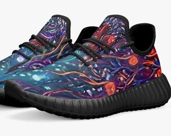 Tênis bioluminescentes de coral, tênis unissex neon azul-marinho, tênis de corrida com sola preta ou branca, tênis com brilho artístico, link para camiseta de proteção solar combinando