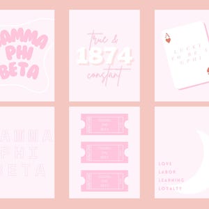 Peut inclure: Plusieurs graphiques roses et blancs. Les motifs comprennent le texte « GAMMA PHI BETA », « True & 1874 constant », un As de cœur et un croissant de lune avec les mots « LOVE, LABOR, LEARNING, LOYALTY ».