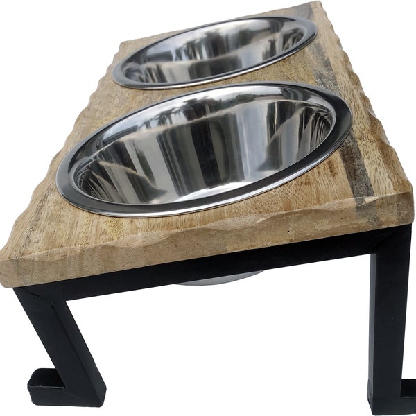 Raised Dog Bowls, Elevated Pet Feeder with high quality stainless steel bowls Rustic farm or barn pet bowl stand